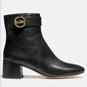NIB Coach Tania Leather Black Ankle Boots with Gold Accent